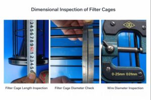 Filter cage dimensional inspection including length, diameter, and wire thickness checks