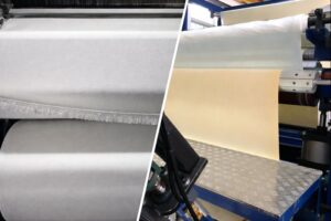 PTFE membrane lamination process applied to fiberglass fabric in industrial production line