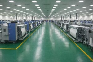 Fiberglass fabric production workshop with continuous weaving and fabric handling equipment