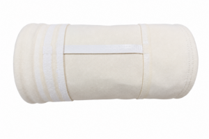 Filter bag sewing seam treated with needle hole sealing adhesive