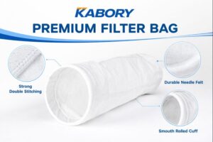 KABORY PTFE filter bag showing strong double stitching, smooth rolled cuff, and uniform PTFE felt surface